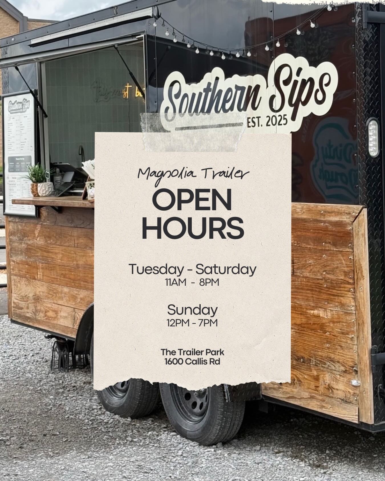 ✨ OPEN HOURS ✨  The Magnolia Trailer is permanently parked @thetrailerparktn   📍 1600 Callis Rd ☕ Order online 📱 Text us when you arrive 🚗 We’ll bring your order right out to your car  Can’t wait to see y’all out there!!