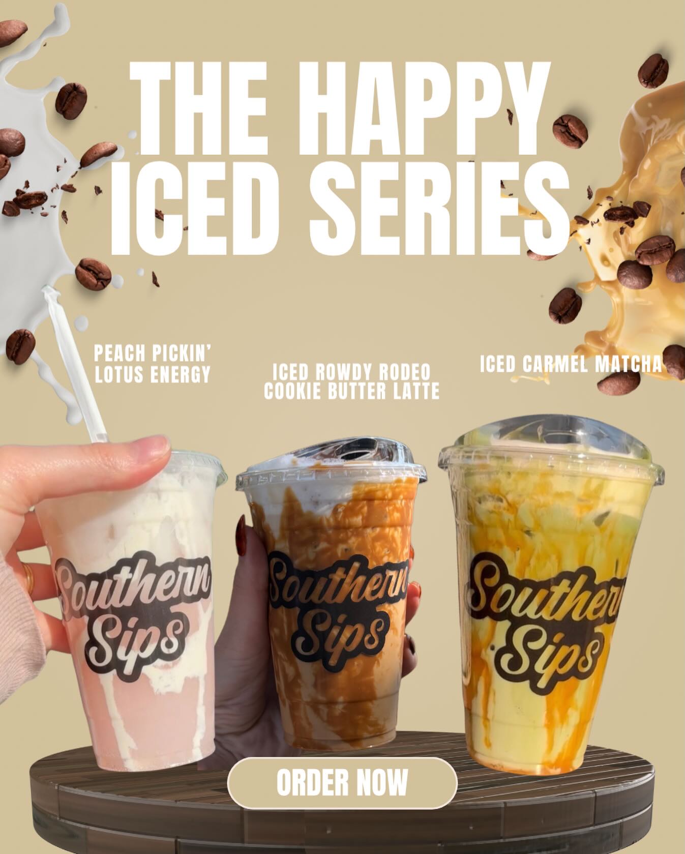 The Happy Iced Series is HERE 🤎 Which one are you grabbing first? 🍑 Peach Pickin’ Lotus Energy 🤠 Iced Rowdy Rodeo Cookie Butter Latte 🍯 Iced Caramel Matcha Order now!  #TennesseeSmallBusiness #MiddleTNSmallBusiness #WilsonCountyTN #LebanonTN